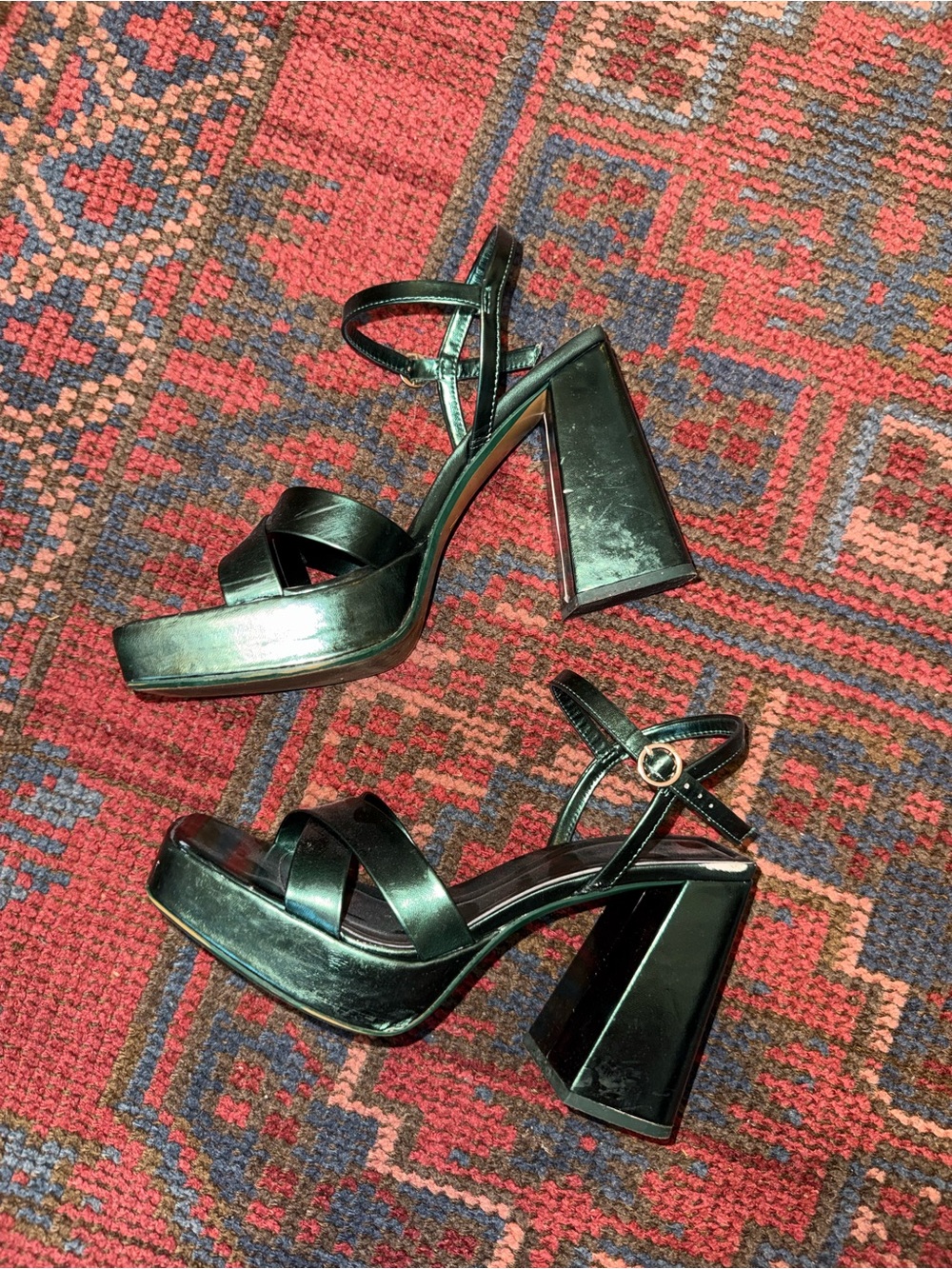 Zara Strappy Platform Block Heels in Green Metallic